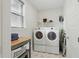 Efficient laundry room with a washer, dryer, and built-in shelving providing organization and convenience at 9120 Dupree Meadow Dr, Angier, NC 27501