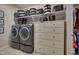 Well-organized laundry room features modern washer and dryer, along with overhead shelving and a cabinet at 1120 Hooper Pl, Durham, NC 27703