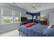 Bright bedroom with large windows, blue walls, and a flat-screen TV for entertainment at 1508 Heritage Reserve Ct, Wake Forest, NC 27587