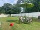 Spacious backyard with a white fence, a table with chairs, and an umbrella at 2037 Swepsonville Rd, Graham, NC 27253