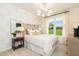 Elegant bedroom features a luxurious bed, sophisticated wallpaper, and bright windows for natural light and airy feel at 242 Macon Lake Drive # 37, Apex, NC 27523