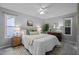 Bedroom featuring neutral colors, updated ceiling fan, and windows providing natural light at 2704 Shaftsbury St, Durham, NC 27704