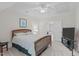 Cozy bedroom featuring a ceiling fan and a television; access to the staircase is visible through the doorway at 3104 Whitehart Ln, Apex, NC 27539