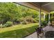 Serene backyard view from the covered patio, showcasing the meticulously maintained lawn and garden at 323 Rosedale Creek Dr, Durham, NC 27703