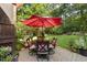 Private patio with outdoor dining set and shade umbrella surrounded by lush greenery at 3412 Paddock Cir, Raleigh, NC 27613