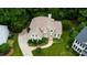 Aerial view of house showcasing lush landscaping and long winding driveway at 4305 Heathgate Ln, Raleigh, NC 27613