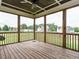 View of a screened porch with wood floors and railings overlooking backyard at 5400 Falconton Ln, Raleigh, NC 27610