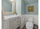 Cozy powder room featuring a stylish vanity, mirror, and beadboard accents at 5561 Roan Mountain Pl, Raleigh, NC 27613