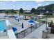 Overhead view of the community pool deck, playground and lake at 615 Southshore Pkwy, Durham, NC 27703
