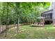 Backyard with deck, umbrella, chairs, lush trees, and privacy fence at 6717 Country Hollows Ln, Holly Springs, NC 27540