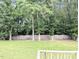 Backyard showcasing a lush lawn enclosed by a wooden privacy fence, enhanced by mature trees at 70 Dexterfield Dr, Fuquay Varina, NC 27526