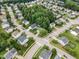 Aerial view of a residential neighborhood with tree-lined streets and well-maintained lawns at 702 Calavaras Ln, Knightdale, NC 27545