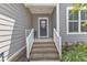 Inviting front entryway with brick steps, white railings, and a charming floral wreath on the front door at 704 Haven Peak Ln, Wake Forest, NC 27587