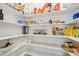 Pantry with white shelves stocked with food items and storage solutions at 772 Mirkwood Ave, Apex, NC 27523