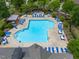 Aerial view of a sparkling community pool surrounded by seating and lush landscaping at 7873 Cape Charles Dr, Raleigh, NC 27617