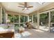 Bright sunroom with windows, skylights, ceiling fan, and access to outdoor patio at 101 Cardiff Pl, Chapel Hill, NC 27516