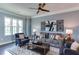 Cozy living room featuring stylish furnishings, a ceiling fan, and large windows at 1019 Tranquil Crk Way, Wake Forest, NC 27587