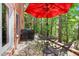 Brick patio featuring iron chairs and table with a red umbrella for shade, surrounded by trees at 104 San Sophia Dr, Chapel Hill, NC 27514