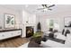Cozy living room with fireplace, ceiling fan, and stylish furniture at 12309 Aberdeen Chase Way, Durham, NC 27703