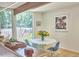 Bright dining area with a white table, blue chairs, wood cabinets and scenic outdoor views at 19 Learned Pl, Durham, NC 27705