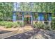Attractive two-story home with blue siding, brick accents and large windows with landscaped yard and pathway at 19 Learned Pl, Durham, NC 27705