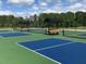 Well-maintained pickleball courts with benches and netting in a serene outdoor setting at 200 Baskerville Ct, Holly Springs, NC 27540