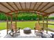 Relaxing pergola with outdoor seating and a fire pit in a landscaped backyard at 204 Franconia Way, Apex, NC 27502
