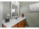A bathroom with a white countertop, framed mirror, and vintage light fixture at 204 Franconia Way, Apex, NC 27502