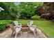 Landscaped backyard with a paver patio featuring a fire pit and comfortable seating, perfect for outdoor gatherings at 218 Kinvara Ct, Wake Forest, NC 27587