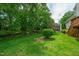 Well-maintained backyard with lush green grass, mature trees, and a meticulously landscaped garden at 221 Roebling Ln, Cary, NC 27513