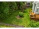 Spacious backyard with a wooden deck, well-kept lawn, and privacy fence at 221 Roebling Ln, Cary, NC 27513