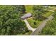 An aerial view of a single-story brick home with a long driveway and mature trees, complemented by a lush green lawn at 2291 Gentry Ridge Rd, Roxboro, NC 27574