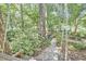 Tranquil backyard featuring mature trees, a tiered water fountain, and a charming swing, creating a relaxing outdoor space at 2334 Dawn Trl, Durham, NC 27712
