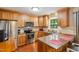 Well-lit kitchen featuring stainless steel appliances, granite countertops, and wood cabinets at 2410 Wade Hampton Rd, Hillsborough, NC 27278