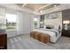 Primary bedroom with large windows, tray ceiling, and en-suite bathroom at 2769 Cassius Dr, Apex, NC 27502