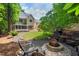 Picturesque backyard with a stone firepit and lush landscaping, ideal for outdoor relaxation and entertainment at 3 White Ash Dr, Durham, NC 27712