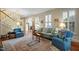 Cozy living room featuring hardwood floors, blue armchairs, and a decorative rug at 31 W Madison, Pittsboro, NC 27312