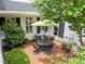 This patio features a brick-paved surface, outdoor seating, and an umbrella for shade, perfect for enjoying the outdoors at 31 W Madison, Pittsboro, NC 27312