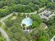 Aerial view of community pool and recreation area surrounded by mature trees at 31 W Madison, Pittsboro, NC 27312