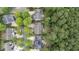 An aerial shot displays multiple homes in a neighborhood with lush landscaping and mature trees lining the streets at 404 Wanderview Ln, Holly Springs, NC 27540