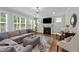 Inviting living room with a fireplace, large windows, and comfortable seating at 404 Wanderview Ln, Holly Springs, NC 27540