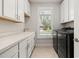 Well-lit laundry room with a sink, counter space, cabinets, and modern black washer and dryer at 428 Crayton Oak Dr, Cary, NC 27519