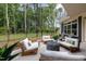 Cozy patio space with comfortable seating, a fire pit, and a view of the lush backyard and fencing at 428 Crayton Oak Dr, Cary, NC 27519