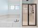 Bright bathroom featuring a bathtub and separate glass-enclosed shower at 4621 Basilica Dr, Holly Springs, NC 27540