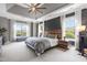 Main bedroom with a tray ceiling, large windows, and neutral colors at 4621 Basilica Dr, Holly Springs, NC 27540