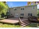 Back exterior elevation view of home featuring a stained deck with railings and stairs at 705 Harkness Cir, Durham, NC 27705