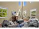 Bright living room with soaring ceilings, oversized windows and stylish decor at 705 Harkness Cir, Durham, NC 27705