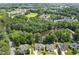 Aerial view of a neighborhood with mature trees surrounding homes and a pond at 825 Highwater Pl, Fuquay Varina, NC 27526
