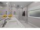 Modern bathroom with double sinks, granite countertop, and large tiled shower at 907 Stuart Dr, Mebane, NC 27302