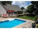 Beautiful backyard pool with lush landscaping at 907 Stuart Dr, Mebane, NC 27302